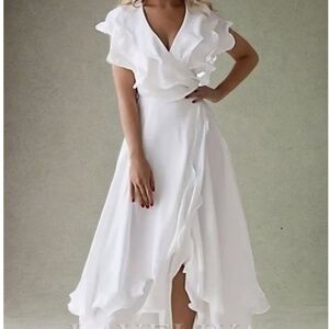 White Aline V neck Ruffle dress